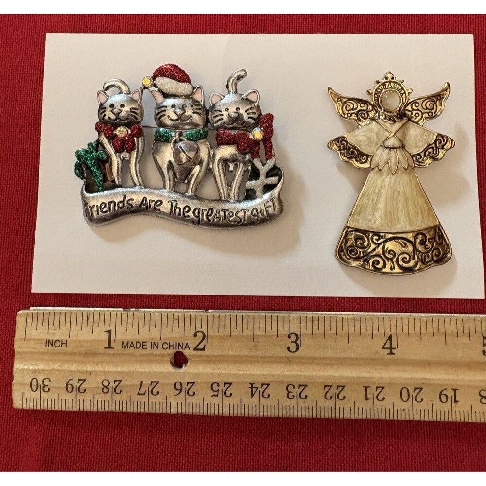 Two Vintage Kenneth Cole Christmas Brooches - Cats And An Angel